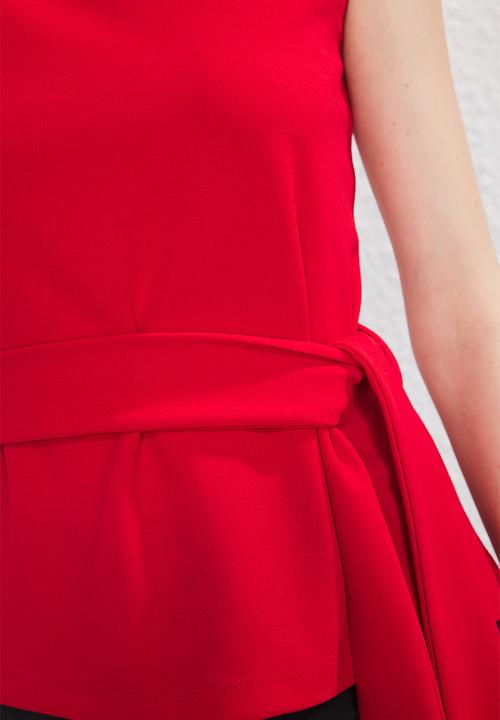 Trendyol - Belted Asymmetric Neck Blouse - Red