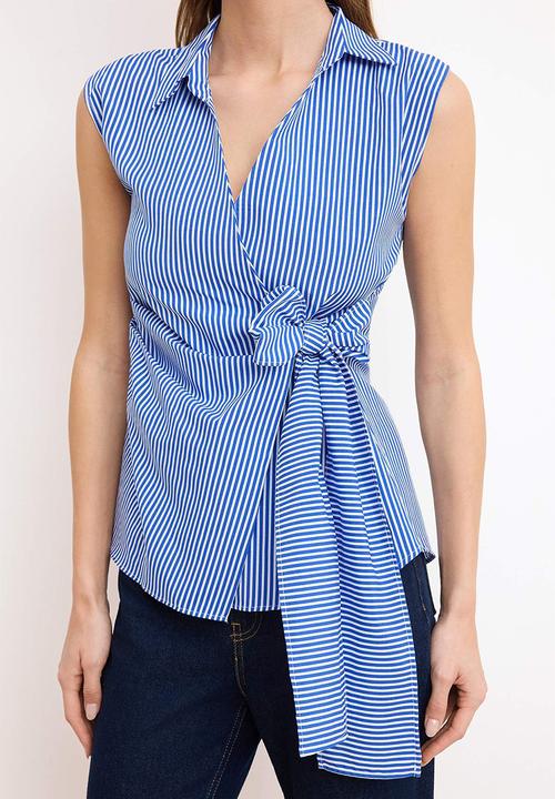 Trendyol - Striped Double-Breasted Tie-Detail Blouse - Blue