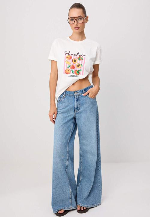 Trendyol - Oversized Printed Cotton Crew Neck T-Shirt - Ecru