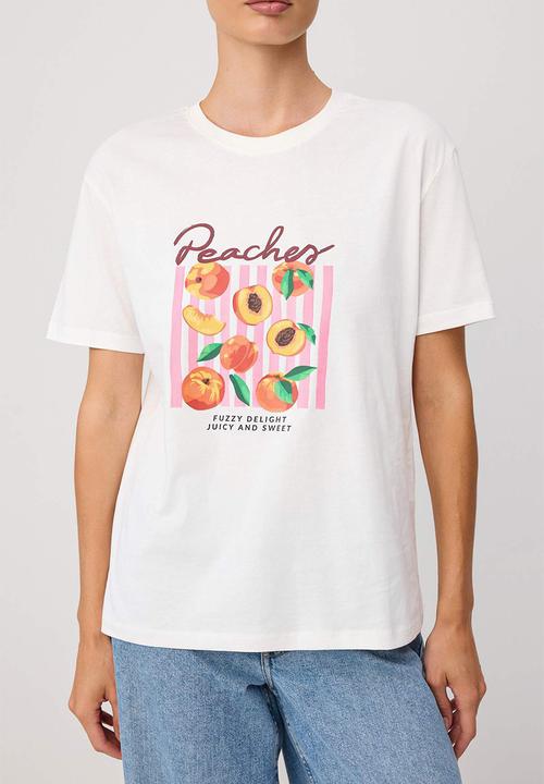 Trendyol - Oversized Printed Cotton Crew Neck T-Shirt - Ecru