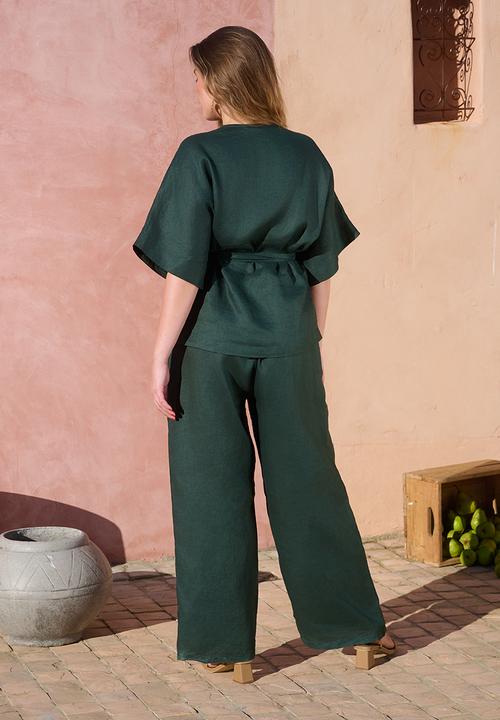 Me&B - Plus 100% Linen Full Length Pant - Green