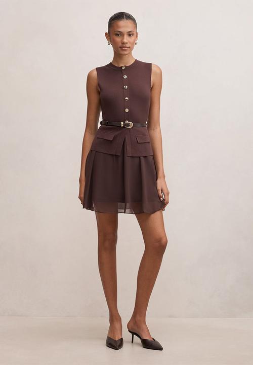 Forever New - Belle woven mix mini dress in chocolate