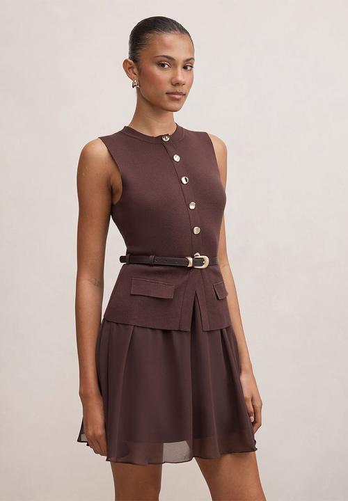 Forever New - Belle woven mix mini dress in chocolate