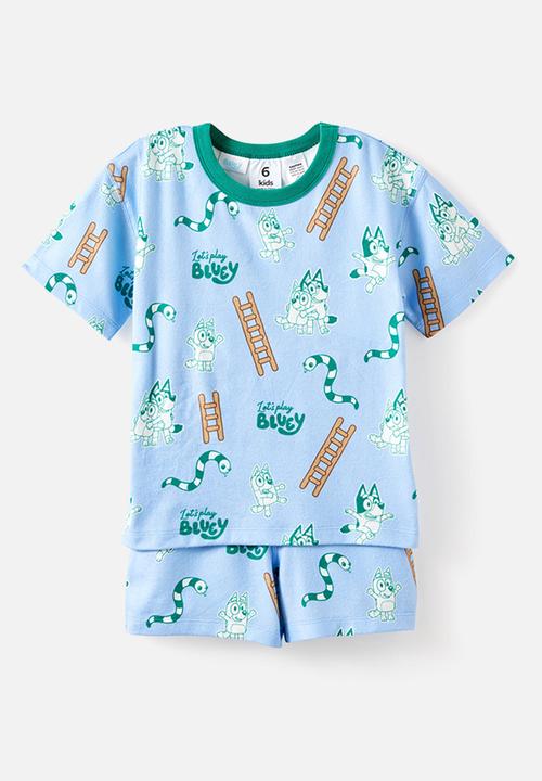 Cotton On - Snoozesoft Short Sleeve Boxer Pj Set License - Lcn Blu Cloud Blue/Bluey Games