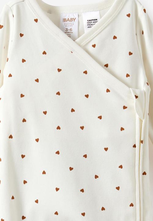 Cotton On - Organic Cross Over Zip Romper - Milk/Little Love Hearts