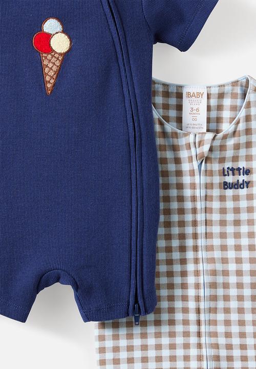Cotton On - 2 Pack Growie Short Sleeve Zip Romper - Oatmilk/Little Buddy & Denim Navy/Gelato