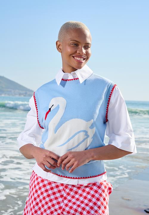 Me&B - Sleeveless Jumper With Swan Motif - Blue