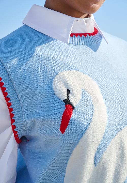 Me&B - Sleeveless Jumper With Swan Motif - Blue