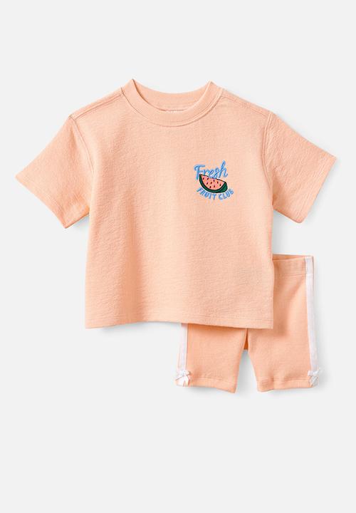 Cotton On - Tyla Knit Tee & Baby Rib Bike Short Pack - Apricot Mist/Watermelon