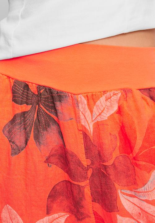 Izabel London - Made In Italy 100% Printed Linen Flare Leg Pant With Elastic At Waist - Orange