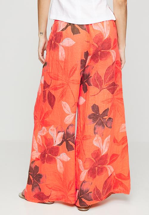 Izabel London - Made In Italy 100% Printed Linen Flare Leg Pant With Elastic At Waist - Orange