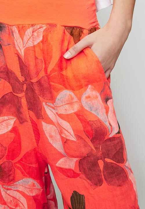 Izabel London - Made In Italy 100% Printed Linen Flare Leg Pant With Elastic At Waist - Orange