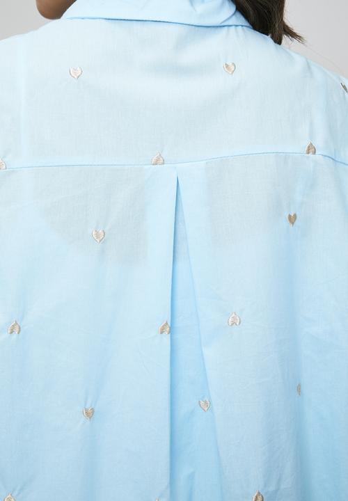 Stella Morgan - L/S Button Through All Over Heart Embroidery Shirt - Pale Blue