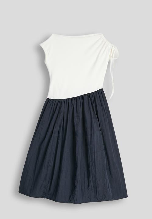 Pop Candy - Ruched shoulder top combo dress - white & navy