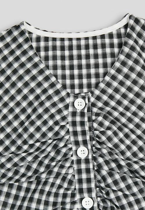 Pop Candy - Gingham front ruched top with mock button closure - black