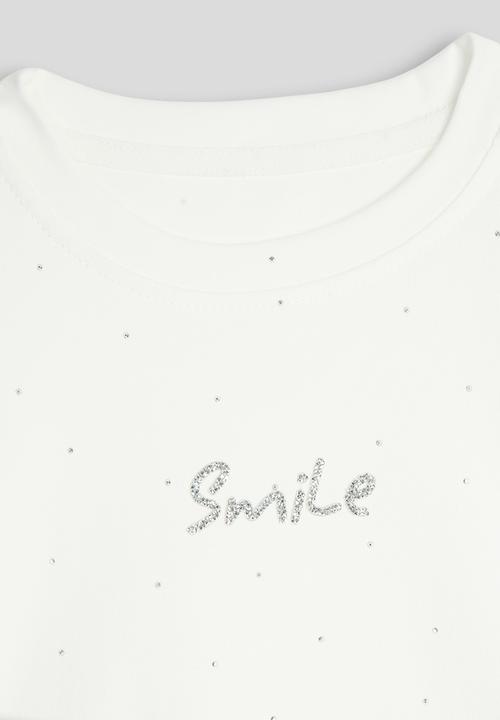 Pop Candy - Glitter slogan crew neck tee - white/smile