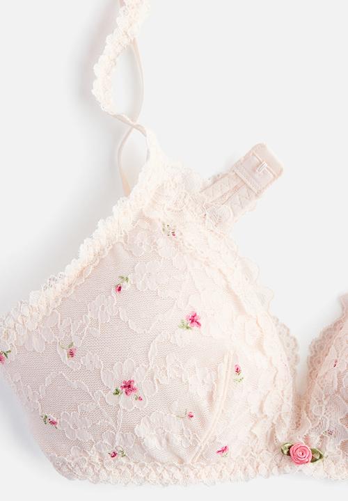 H&M - Padded soft lace bra - powder pink/floral