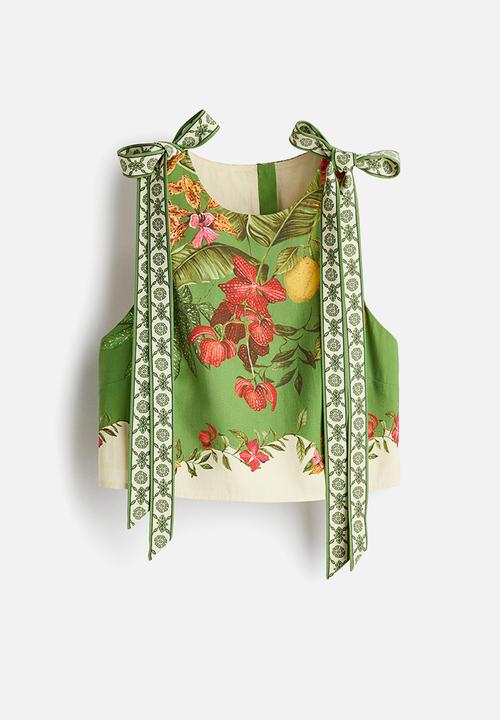 H&M - Tie-strap cropped top - green/flowers