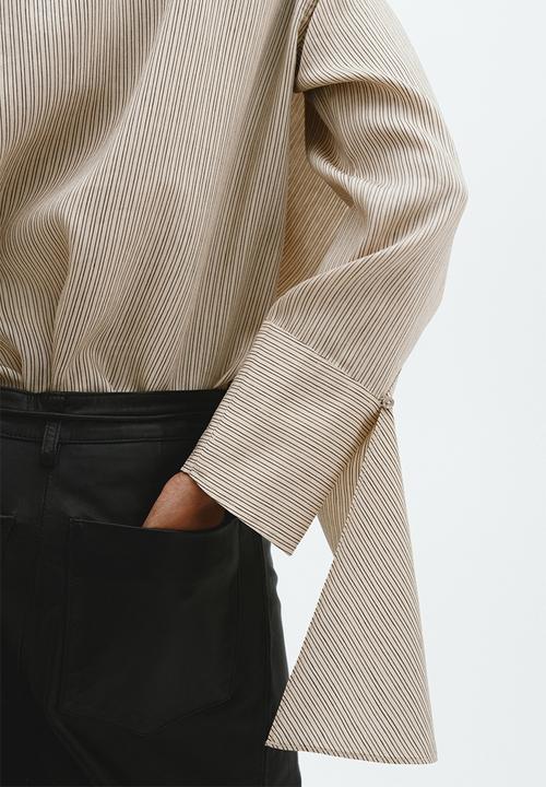 H&M - Linen-blend scarf-collar blouse - beige/striped
