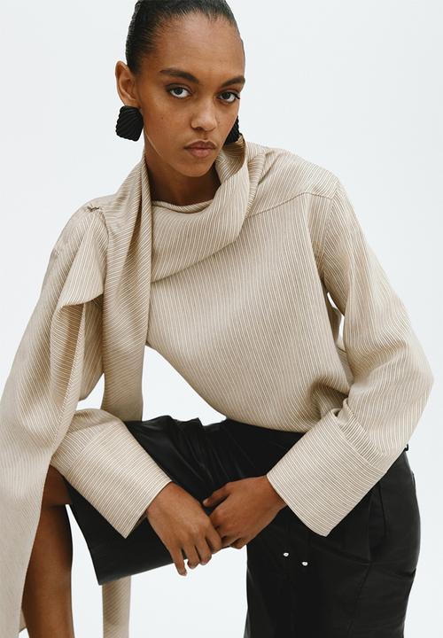 H&M - Linen-blend scarf-collar blouse - beige/striped