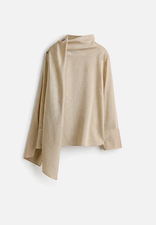 H&M - Linen-blend scarf-collar blouse - beige/striped
