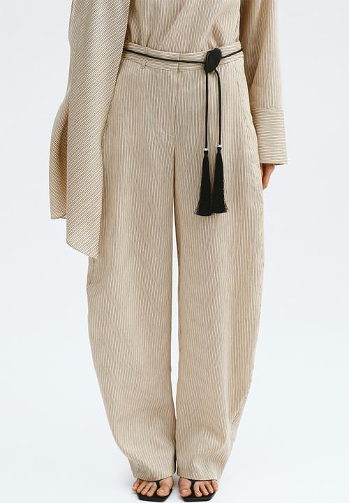 H&M - Linen-blend barrel trousers - beige/striped