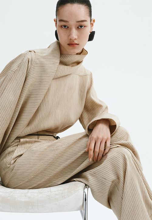 H&M - Linen-blend barrel trousers - beige/striped