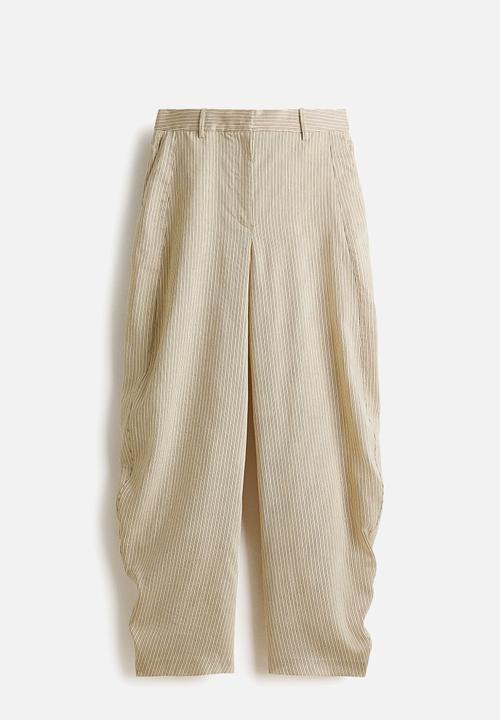 H&M - Linen-blend barrel trousers - beige/striped