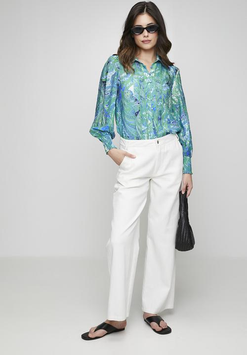 Stella Morgan - 3/4 Elasticated Cuff Button Through Sheer Printed Blouse With Lace Trim On Front - Jade
