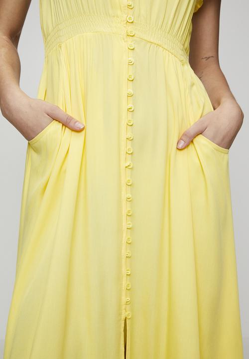 Stella Morgan - Cap Sleeve With Flutter V-Neck Button Through Maxi Plain Colour Maxi Dress With Ladder Lace Trim - Yellow