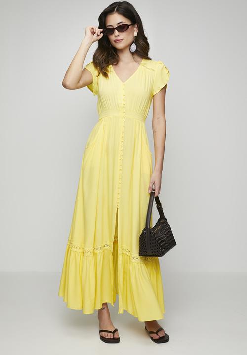 Stella Morgan - Cap Sleeve With Flutter V-Neck Button Through Maxi Plain Colour Maxi Dress With Ladder Lace Trim - Yellow