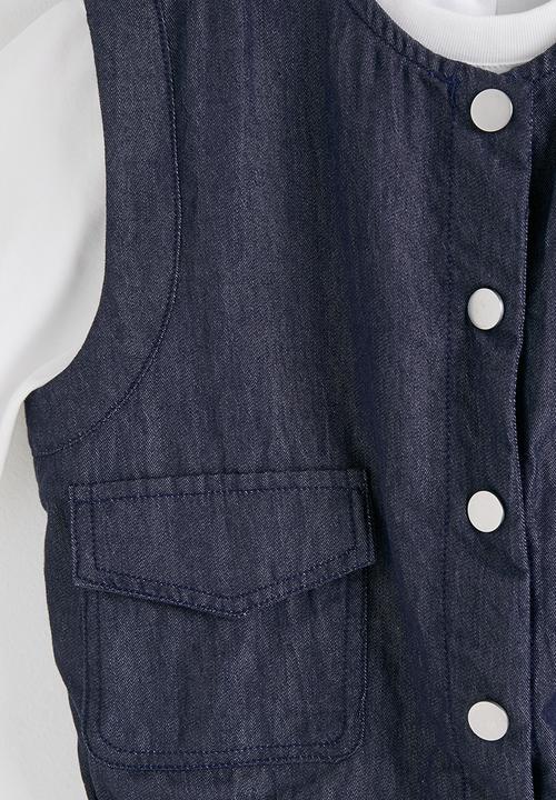 Pop Candy - Denim vest and flared skirt with slogan tee - white/navy