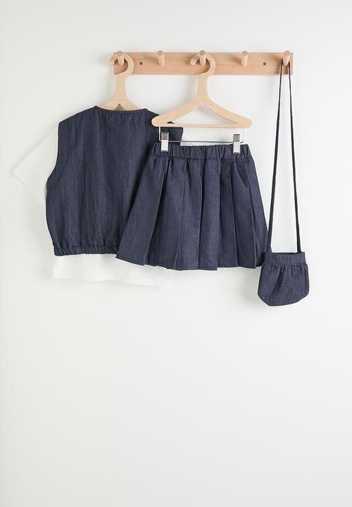 Pop Candy - Denim vest and flared skirt with slogan tee - white/navy