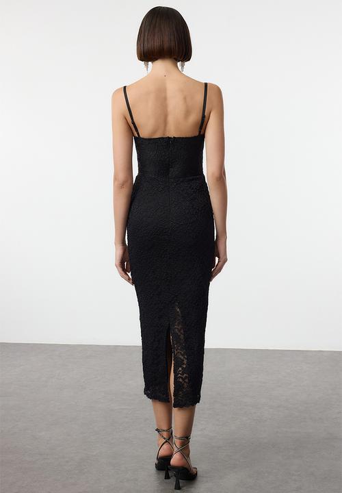 Trendyol - Lace Detail Lined Knit Midi Evening Dress - Black