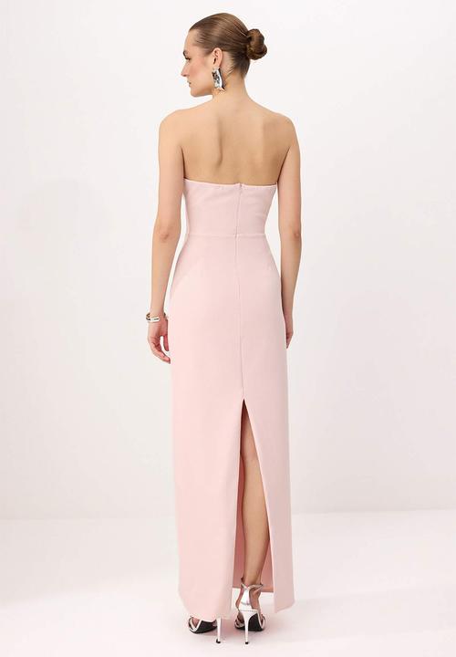 Trendyol - Strapless Straight-Cut Maxi Evening Dress - Powder