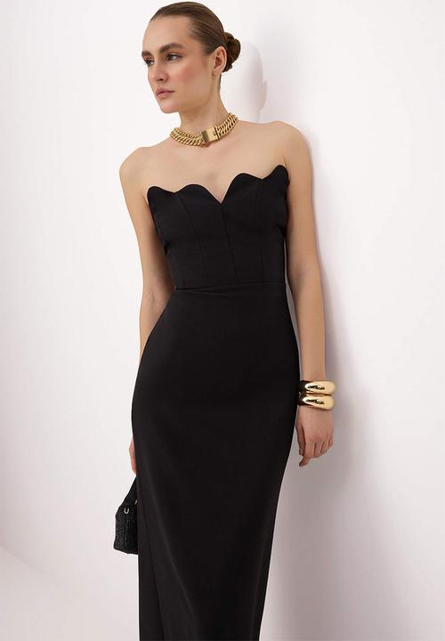 Trendyol - Strapless Straight-Cut Maxi Evening Dress - Black