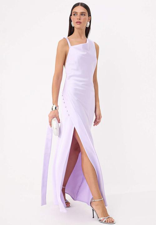 Trendyol - Button Detail Satin Maxi Evening Dress - Lilac