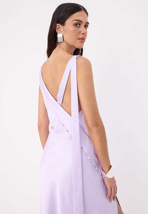 Trendyol - Button Detail Satin Maxi Evening Dress - Lilac