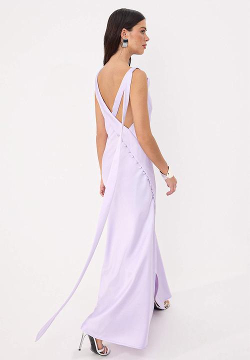 Trendyol - Button Detail Satin Maxi Evening Dress - Lilac