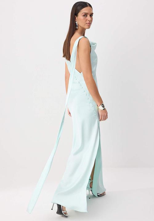 Trendyol - Button Detail Satin Maxi Evening Dress - Mint