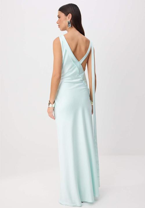 Trendyol - Button Detail Satin Maxi Evening Dress - Mint