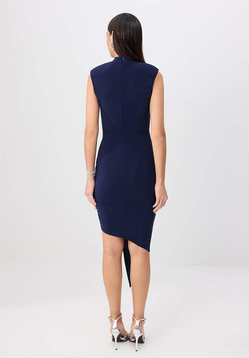 Trendyol - High Neck Asymmetric Midi Knit Dress - Navy Blue