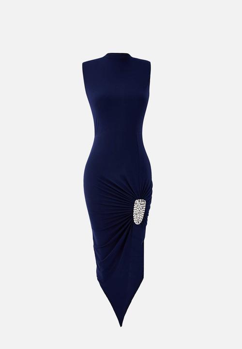 Trendyol - High Neck Asymmetric Midi Knit Dress - Navy Blue