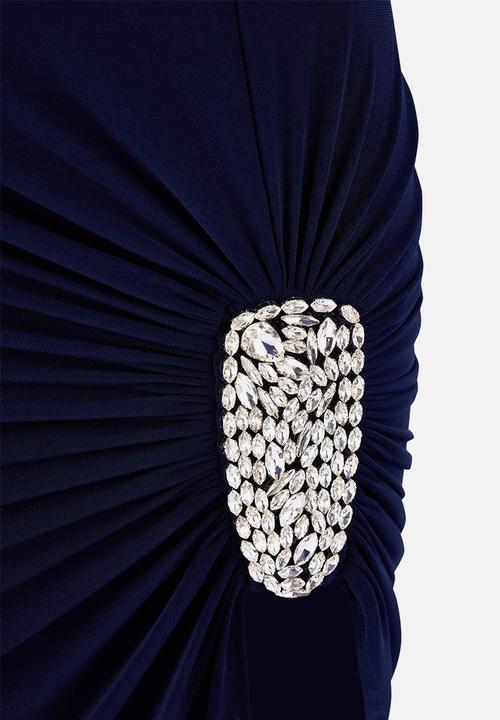 Trendyol - High Neck Asymmetric Midi Knit Dress - Navy Blue