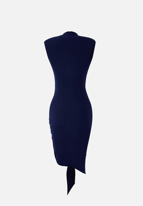 Trendyol - High Neck Asymmetric Midi Knit Dress - Navy Blue
