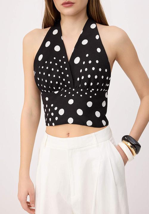 Trendyol - Polka Dot Cropped Halter Neck Blouse - Black
