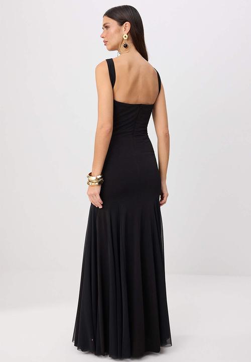 Trendyol - Heart Neck Scarf Detail Tulle Maxi Evening Dress - Black