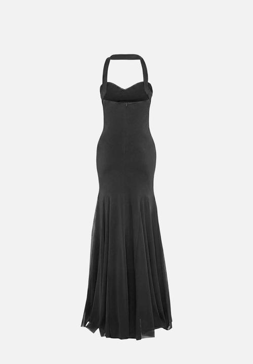 Trendyol - Heart Neck Scarf Detail Tulle Maxi Evening Dress - Black