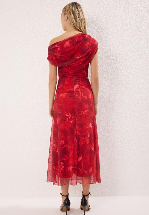Trendyol - Abstract Pattern Tulle Midi Evening Dress - Red-Multicolour