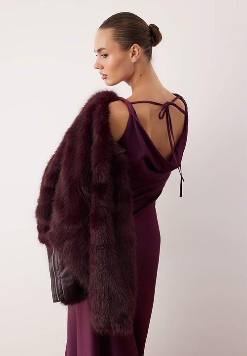 Trendyol - A-Line Cowl Neck Satin Maxi Dress - Purple